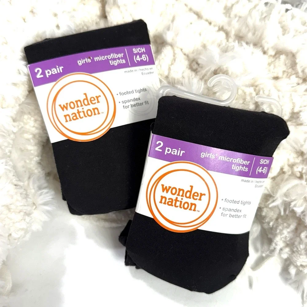 WONDER NATION‎ Girls Black Footed Tights Sz 4/6 Lightweight  Spandex Stretch 4ct
